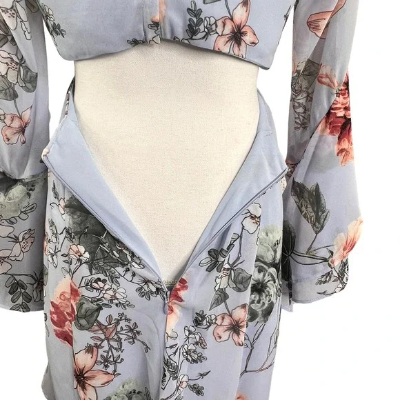 Bardot Revolve Mini Dress Blue Size 6 Floral Frill Bell Sleeves Ruffles Cut Out - Picture 10 of 12